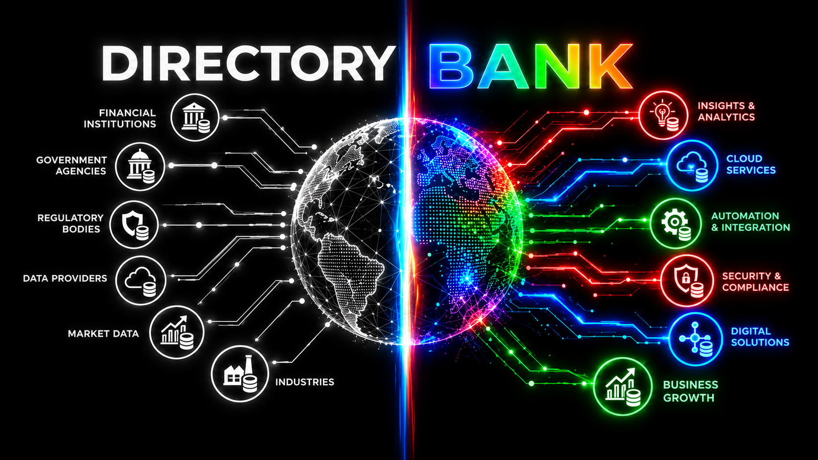 Directory Bank artwork showing institutions and data sources connected to a global network of insights and services